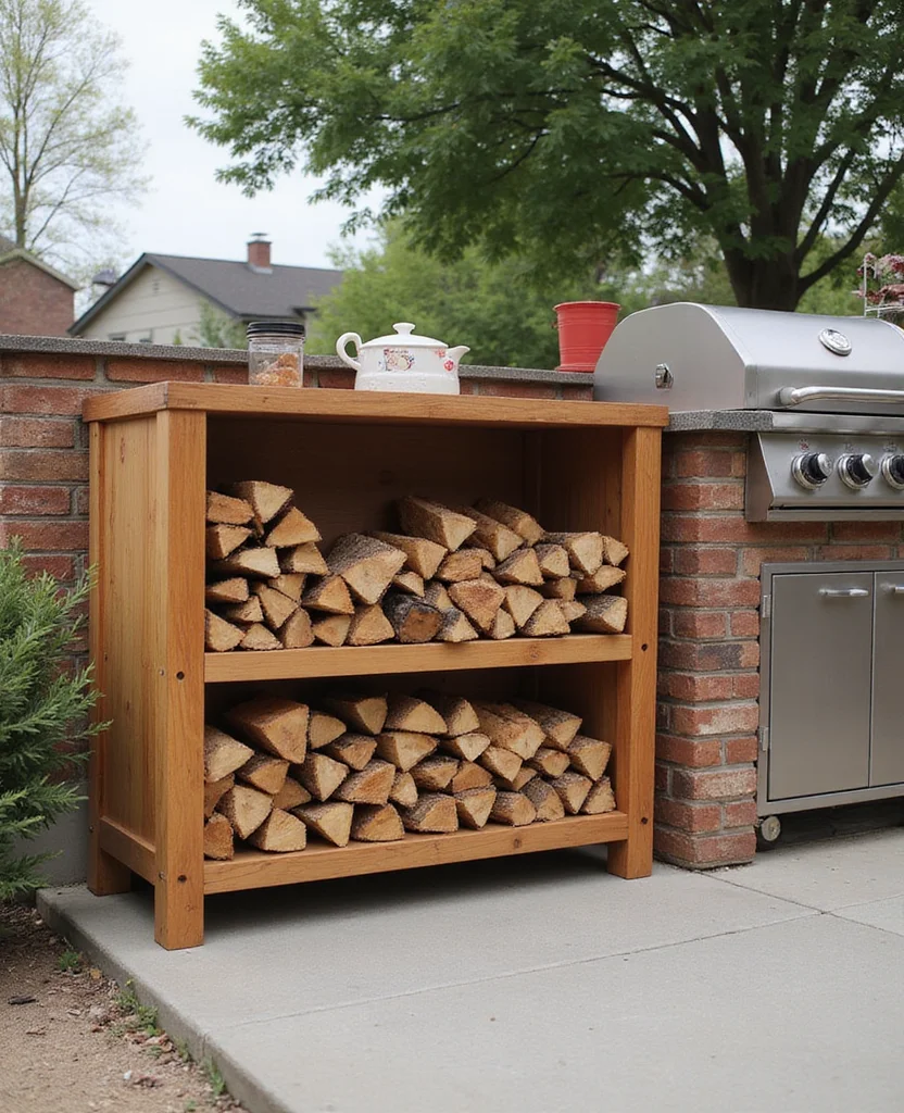 Transform Your Backyard with These 19 DIY Outdoor Kitchen Ideas (Your Friends Will Be Jealous!) - 19. Stylish Barbecue Firewood Storage