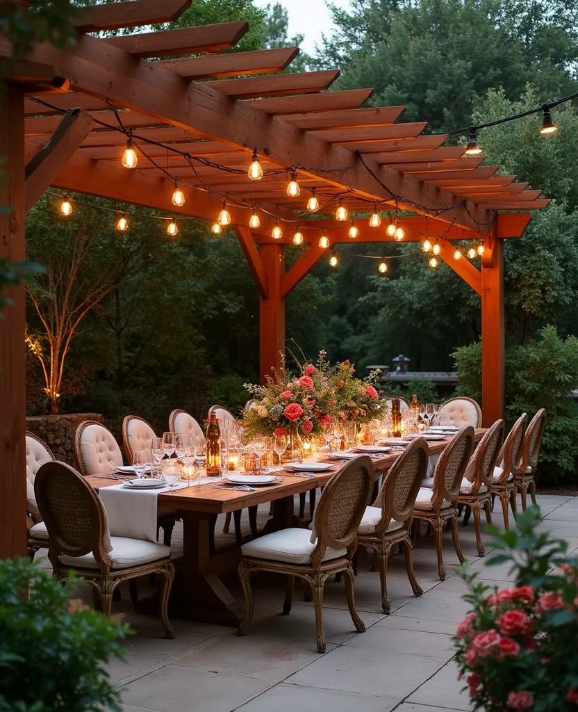 Transform Your Backyard with These 19 DIY Outdoor Kitchen Ideas (Your Friends Will Be Jealous!) - 5. Outdoor Dining Area with Pergola