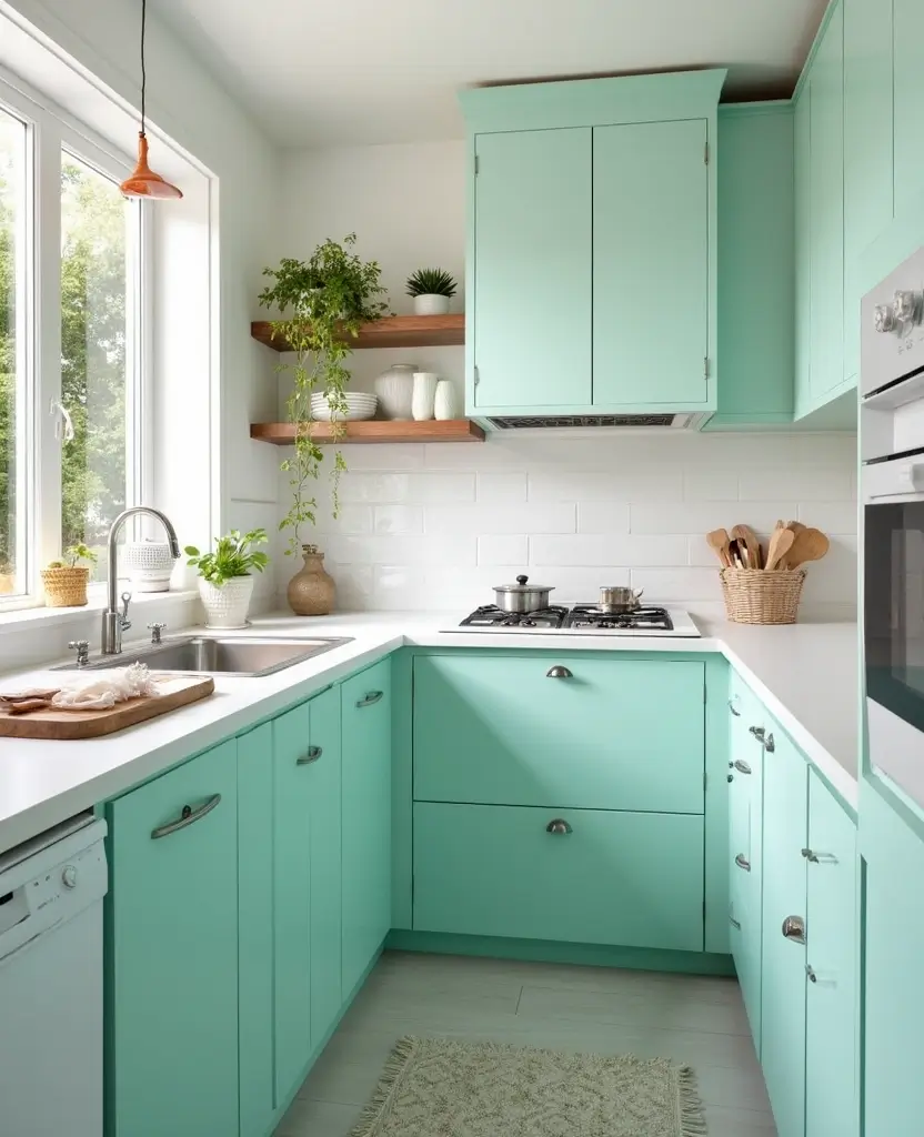 Transform Your Basement with These 15 Jaw-Dropping Kitchenette Cabinet Colors! - 14. Vibrant Mint
