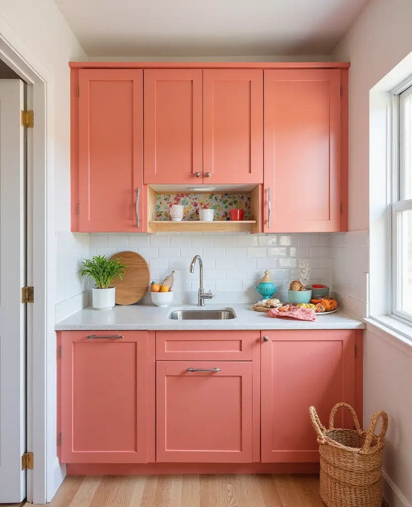Transform Your Basement with These 15 Jaw-Dropping Kitchenette Cabinet Colors! - 4. Bright Coral