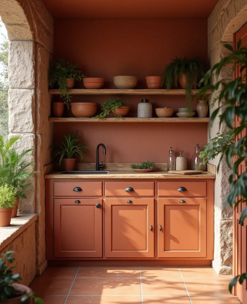 Transform Your Basement with These 15 Jaw-Dropping Kitchenette Cabinet Colors! - 6. Earthy Terracotta