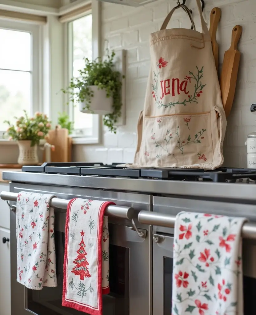 Transform Your Space: 19 Cozy Farmhouse Kitchen Designs with Festive Touches! - 11. Personalized Aprons and Dish Towels