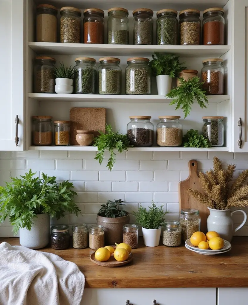 Transform Your Space: 19 Cozy Farmhouse Kitchen Designs with Festive Touches! - 12. Herbal and Spice Displays