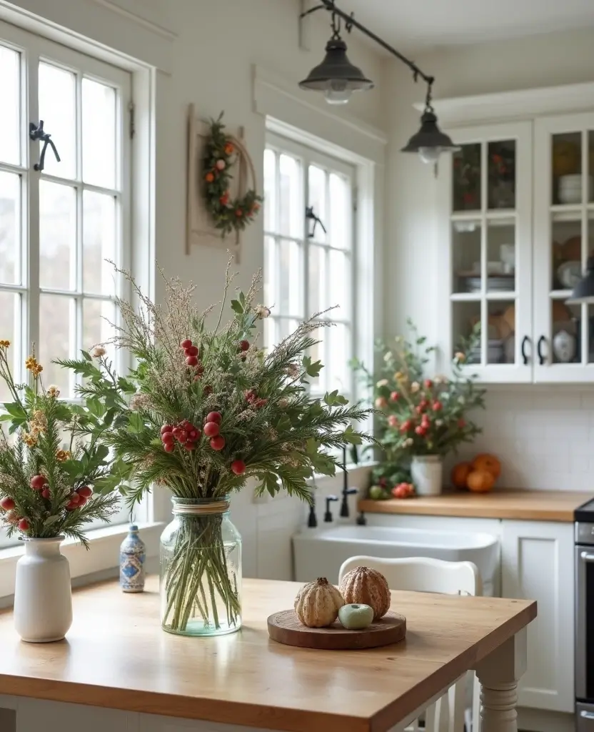 Transform Your Space: 19 Cozy Farmhouse Kitchen Designs with Festive Touches! - 16. Seasonal Foliage
