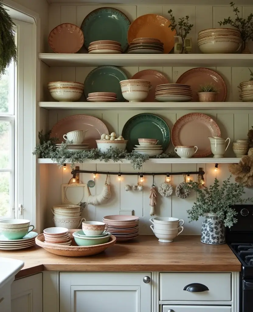 Transform Your Space: 19 Cozy Farmhouse Kitchen Designs with Festive Touches! - 2. Vintage Dishware Display