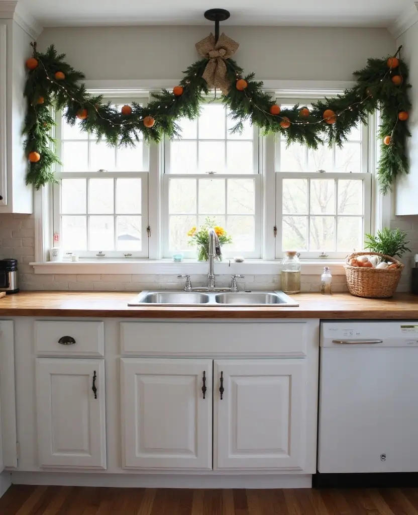 Transform Your Space: 19 Cozy Farmhouse Kitchen Designs with Festive Touches! - 7. Seasonal Garland Touches