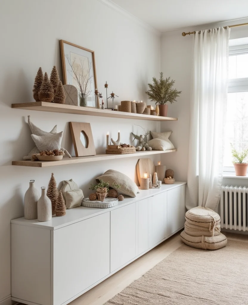 Transform Your Space: 19 Creative Christmas Shelf Decor Ideas You Won't Want to Miss! - 10. Minimalist Scandinavian Style