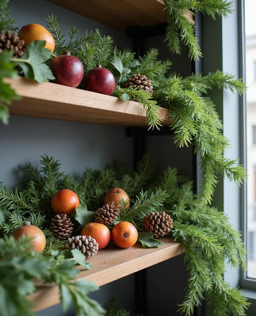 Transform Your Space: 19 Creative Christmas Shelf Decor Ideas You Won't Want to Miss! - 18. Nature-Inspired Greenery Display