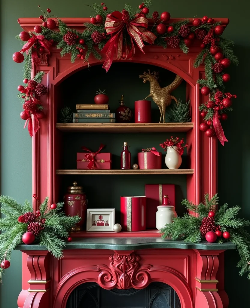 Transform Your Space: 19 Creative Christmas Shelf Decor Ideas You Won't Want to Miss! - 4. Classic Red and Green Elegance