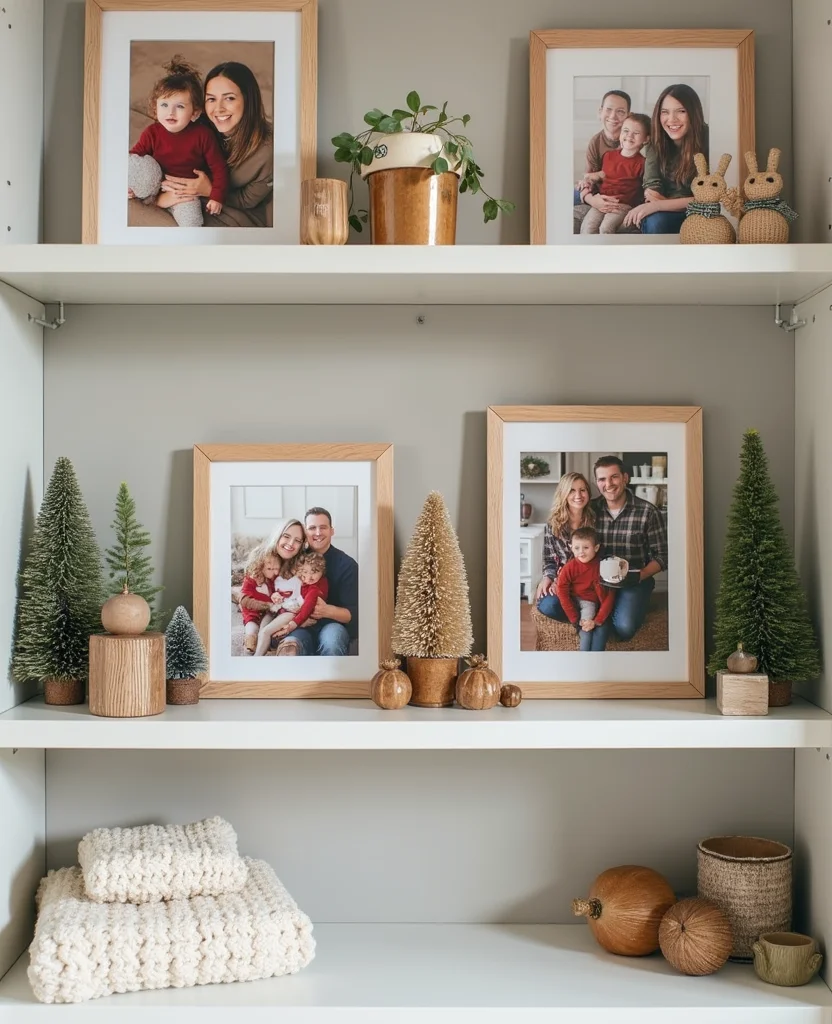 Transform Your Space: 19 Creative Christmas Shelf Decor Ideas You Won't Want to Miss! - 5. Joyful Family Photo Display