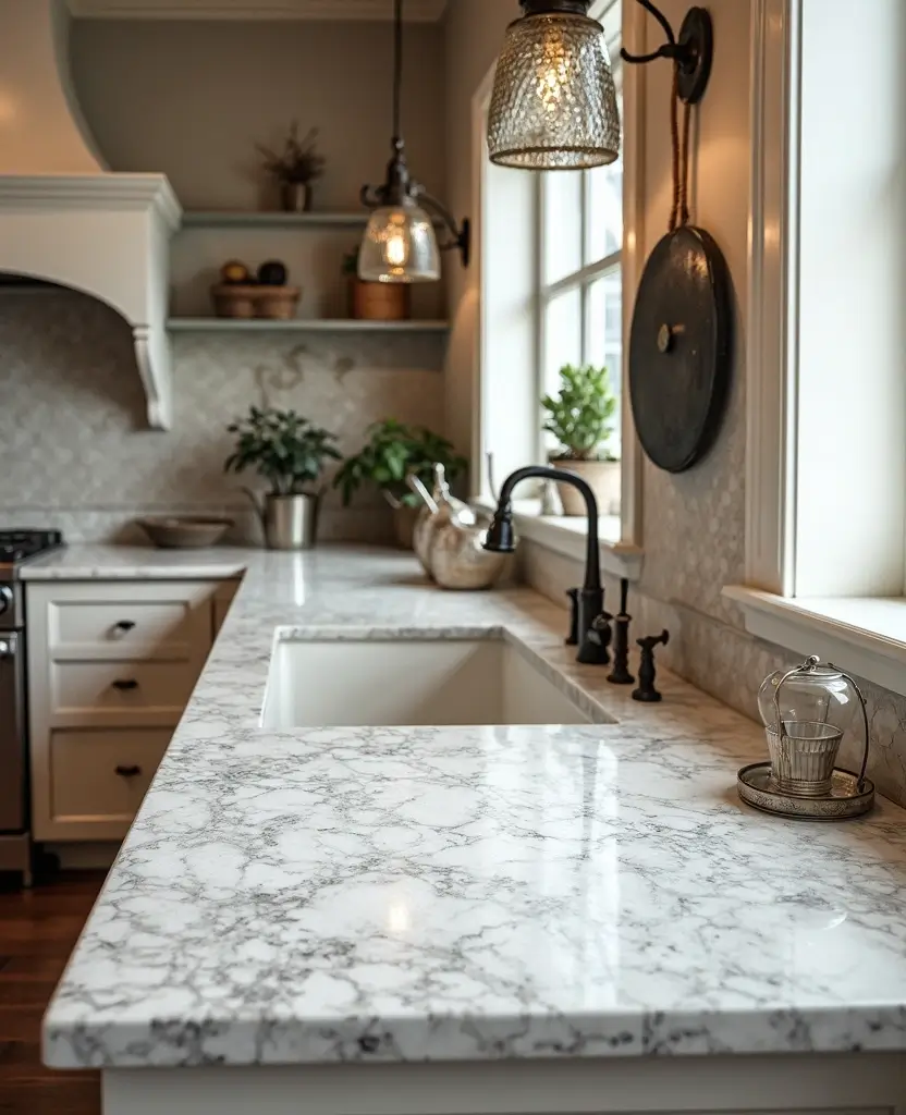 Transform Your Space: 19 White Granite Countertops That Exude Luxury! - 11. Textured White with Bianco Antico Style