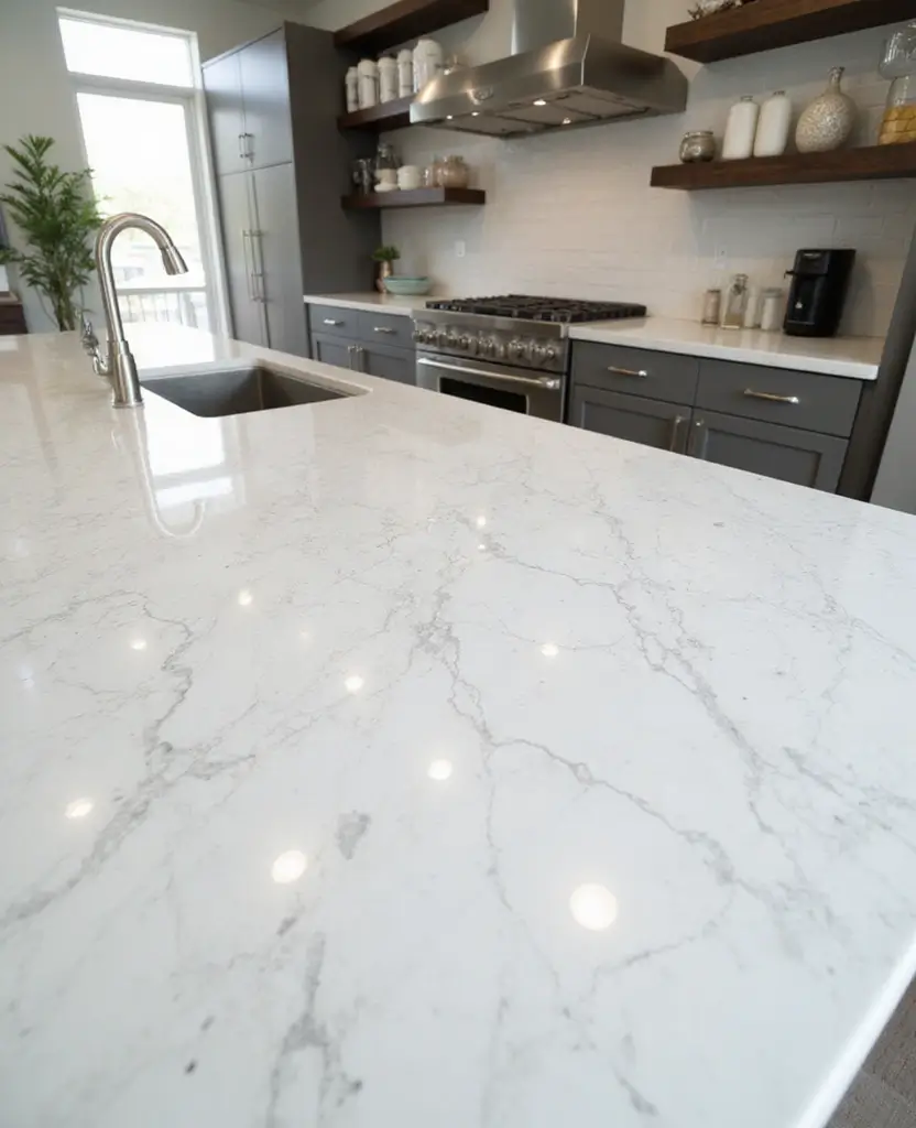 Transform Your Space: 19 White Granite Countertops That Exude Luxury! - 18. Polished White with Irregular Patterns