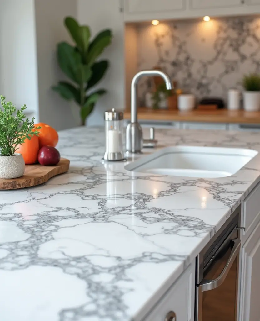 Transform Your Space: 19 White Granite Countertops That Exude Luxury! - 9. Bright White with Dark Gray Patterns