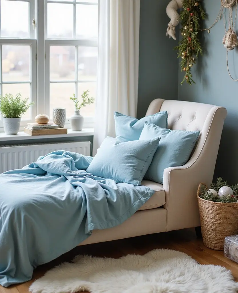 Transform Your Space with 19 Cozy Blue Holiday Decor Ideas for Your Living Room! 118 Transform Your Space with 19 Cozy Blue Holiday Decor Ideas for Your Living Room! - 17. Cozy Blue Bedding for Winter