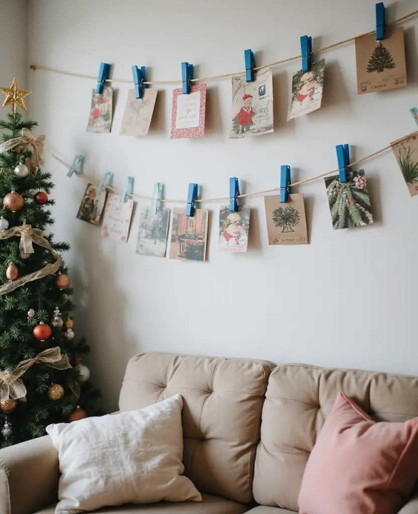 Transform Your Space with 19 Cozy Blue Holiday Decor Ideas for Your Living Room! 132 Transform Your Space with 19 Cozy Blue Holiday Decor Ideas for Your Living Room! - 19. Blue-Themed Holiday Cards Display