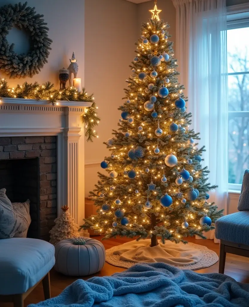 Transform Your Space with 19 Cozy Blue Holiday Decor Ideas for Your Living Room! 9 Transform Your Space with 19 Cozy Blue Holiday Decor Ideas for Your Living Room! - 2. Blue and White Christmas Tree
