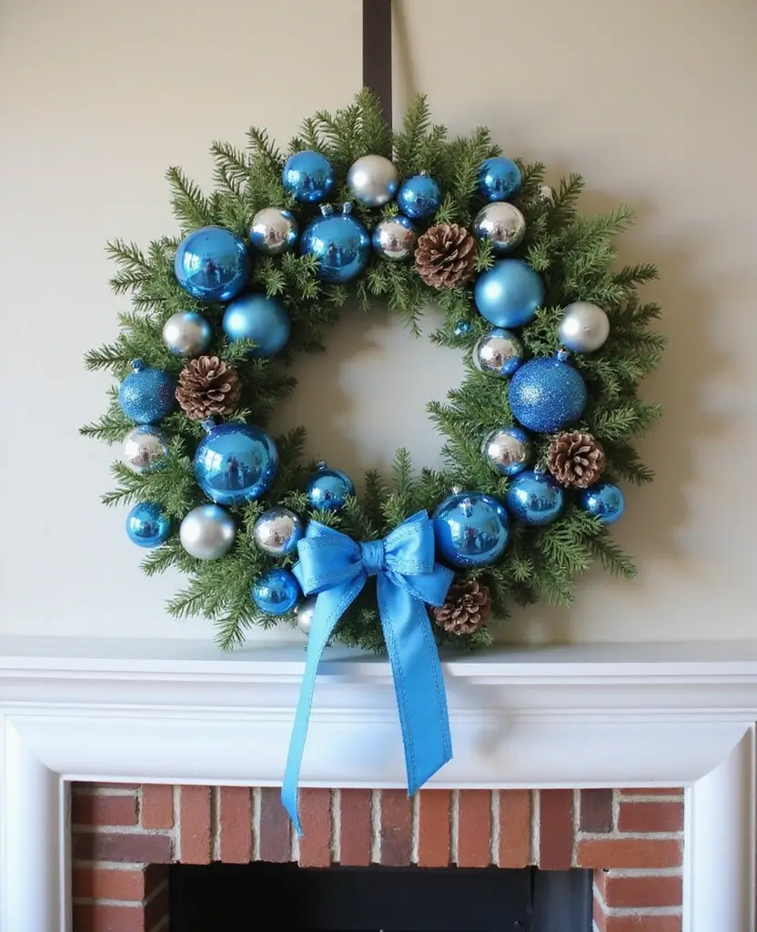 Transform Your Space with 19 Cozy Blue Holiday Decor Ideas for Your Living Room! 23 Transform Your Space with 19 Cozy Blue Holiday Decor Ideas for Your Living Room! - 4. Blue Ornament Wreath