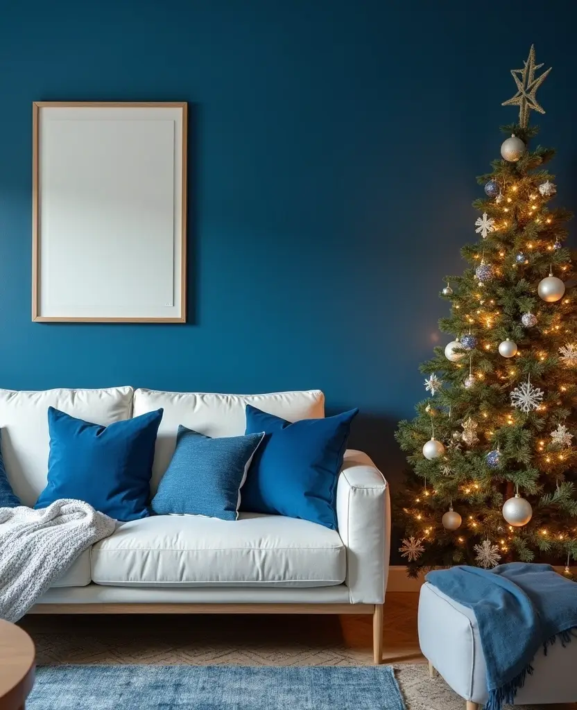 Transform Your Space with 19 Cozy Blue Holiday Decor Ideas for Your Living Room! 37 Transform Your Space with 19 Cozy Blue Holiday Decor Ideas for Your Living Room! - 6. Blue Accent Wall