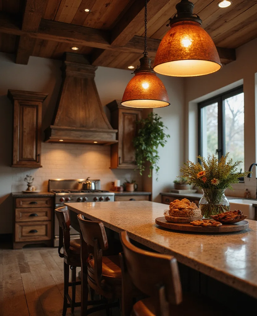 Transform Your Space with 19 Earthy Kitchen Ideas That Are Pure Aesthetic Goals! - 12. Warm Lighting
