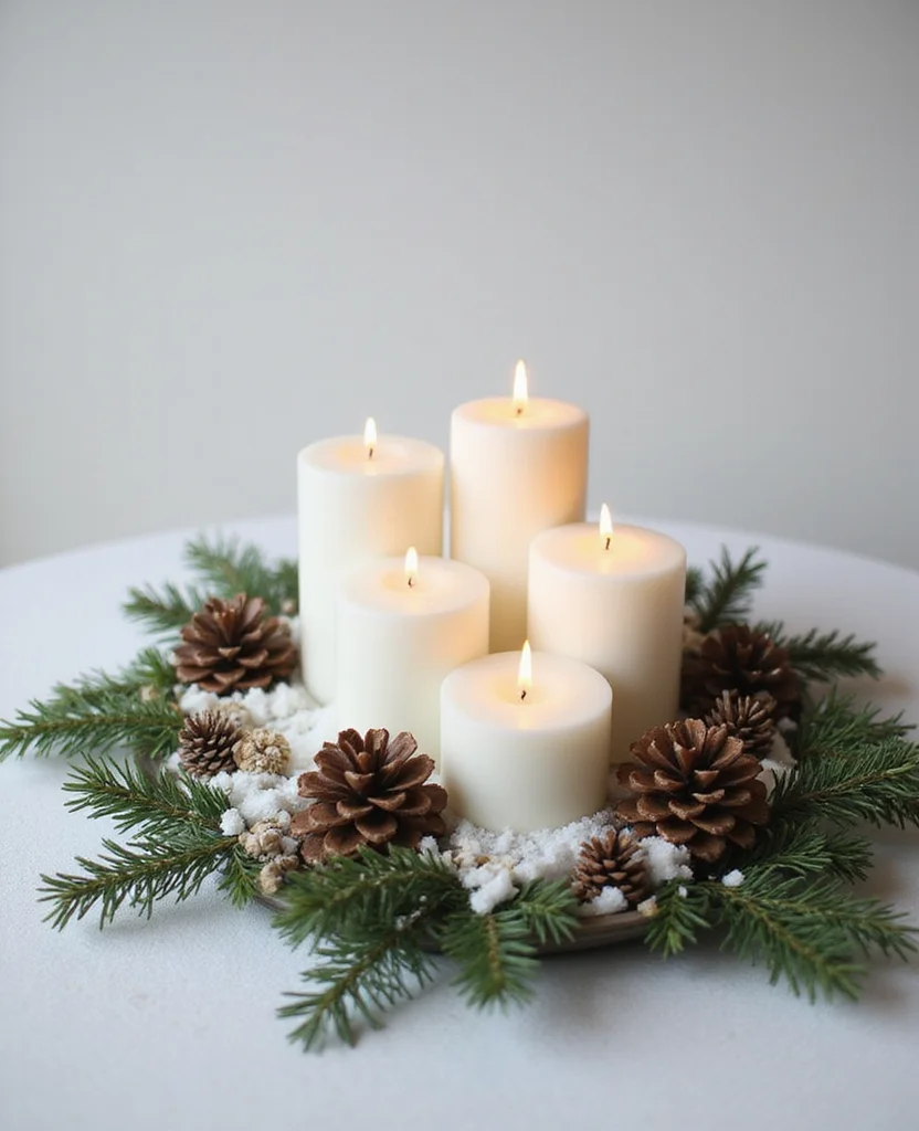 Transform Your Table with These 19 Cozy Winter Centerpieces (You Won't Believe #7!) - 1. Snowy White Candle Display