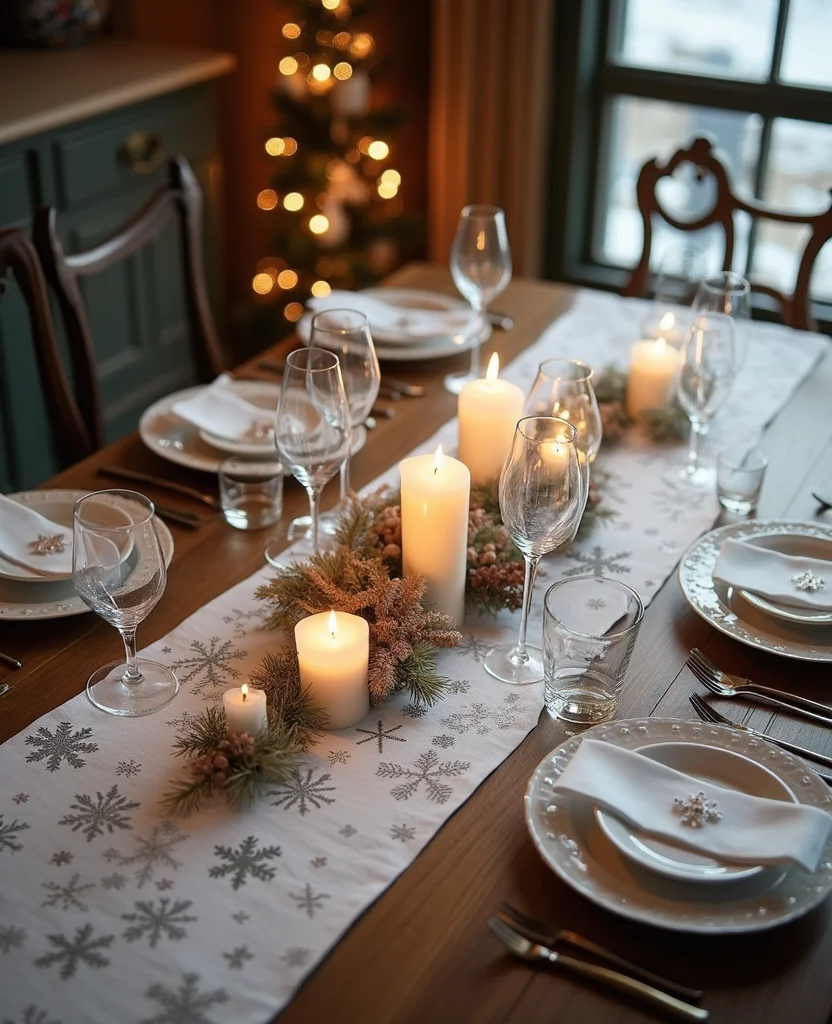 Transform Your Table with These 19 Cozy Winter Centerpieces (You Won't Believe #7!) - 10. Whimsical Snowflake Table Runner