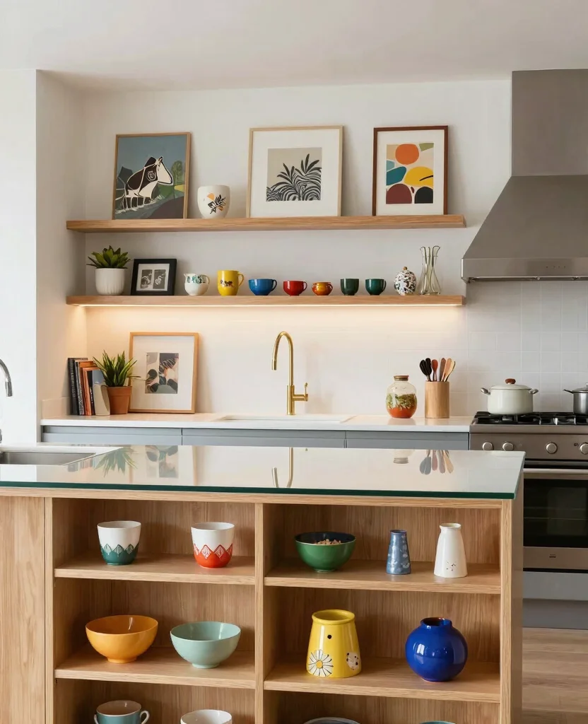 19 Budget-Friendly Kitchen Island Designs Against Wall That Look Expensive! - 17. Artful Display 1