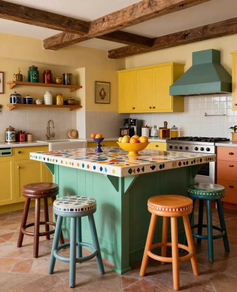 19 Budget-Friendly Kitchen Island Designs Against Wall That Look Expensive! - 3. Vintage Charm and Color 1