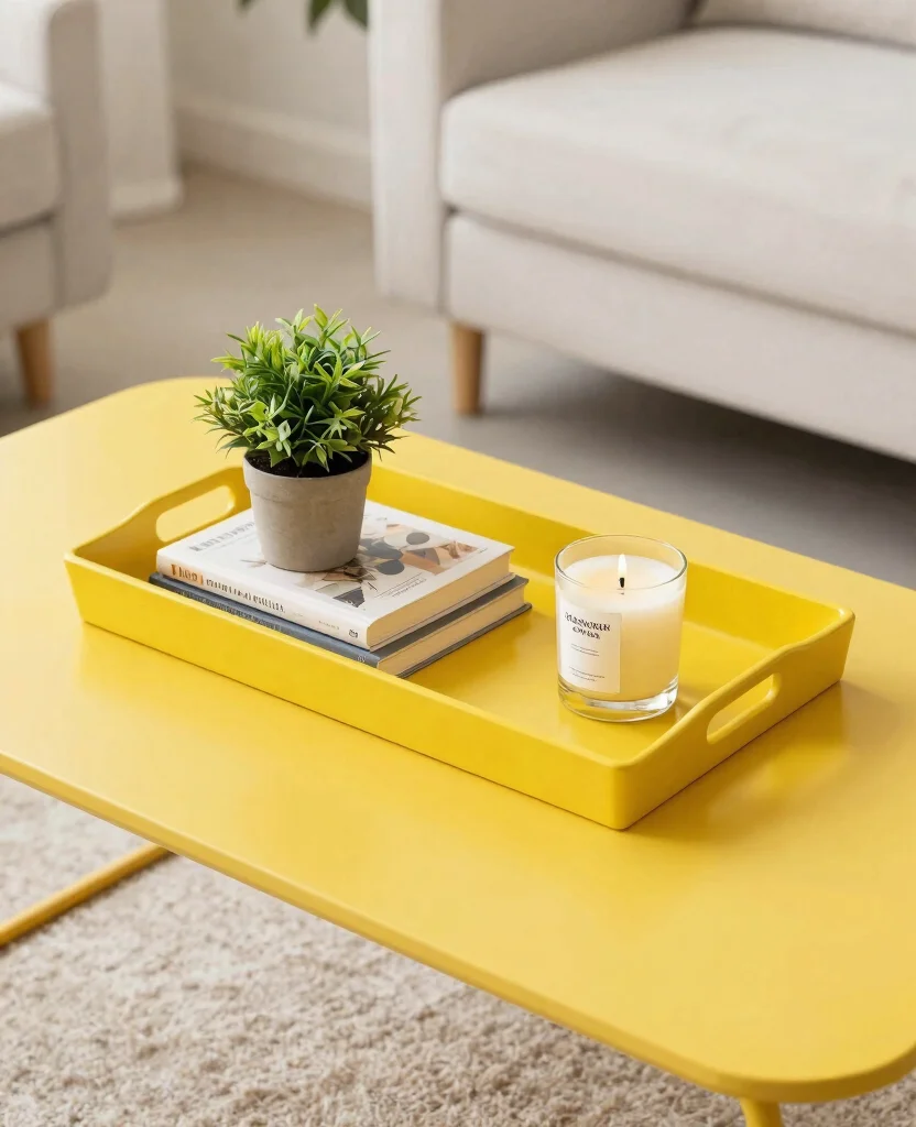 19 Cheerful Yellow Living Room Ideas to Lift Your Spirits (Check Out #5!) 147 19 Cheerful Yellow Living Room Decor Ideas to Lift Your Spirits (Check Out #5!) - 14. Bright Yellow Decorative Trays