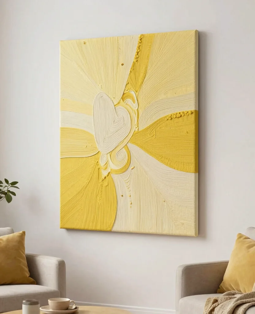 19 Cheerful Yellow Living Room Ideas to Lift Your Spirits (Check Out #5!) 171 19 Cheerful Yellow Living Room Decor Ideas to Lift Your Spirits (Check Out #5!) - 16. Yellow Fabric Wall Art