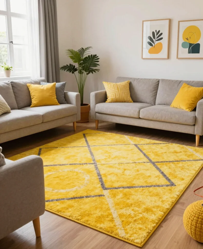 19 Cheerful Yellow Living Room Ideas to Lift Your Spirits (Check Out #5!) 35 19 Cheerful Yellow Living Room Decor Ideas to Lift Your Spirits (Check Out #5!) - 4. Playful Yellow Rugs