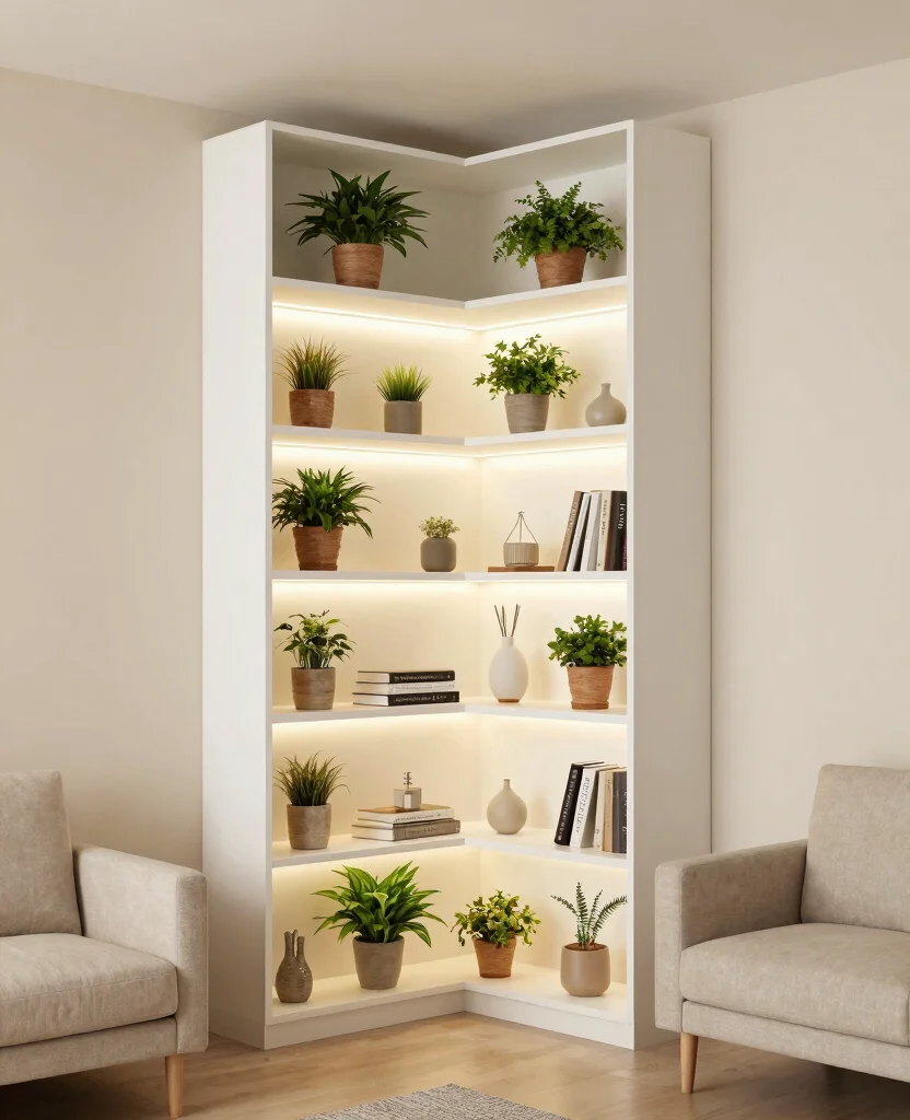 19 Clever Living Room Built-In Shelving Ideas That Maximize Your Space (You’ll Love #7!) 2 19 Clever Living Room Built-In Shelving Ideas That Maximize Your Space (You’ll Love #7!) - 1. Corner Shelves for Space Optimization