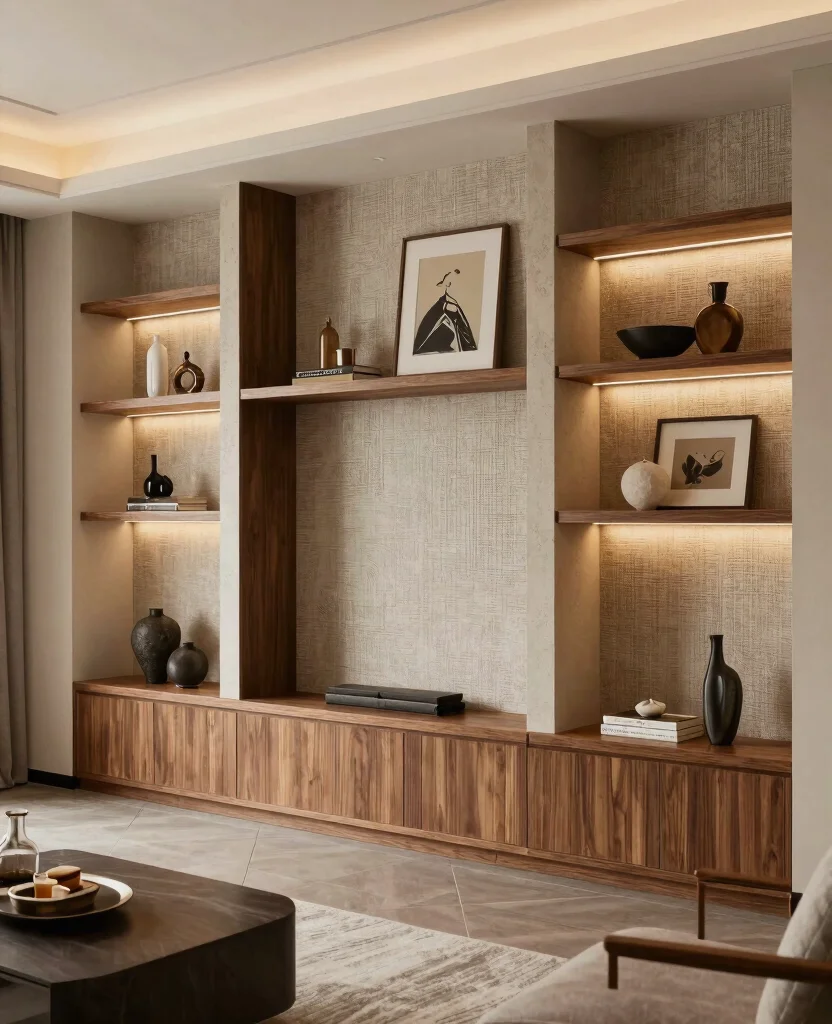 19 Clever Living Room Built-In Shelving Ideas That Maximize Your Space (You’ll Love #7!) 114 19 Clever Living Room Built-In Shelving Ideas That Maximize Your Space (You’ll Love #7!) - 11. Textured Finishes for Depth