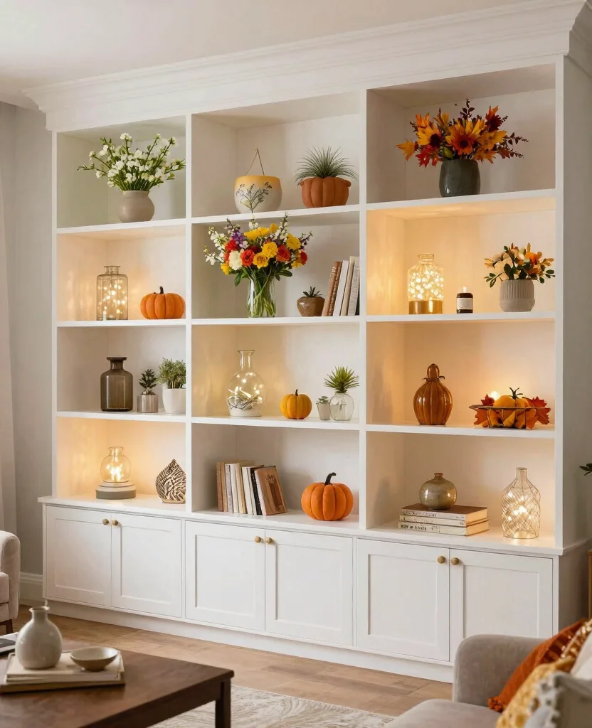 19 Clever Living Room Built-In Shelving Ideas That Maximize Your Space (You’ll Love #7!) 136 19 Clever Living Room Built-In Shelving Ideas That Maximize Your Space (You’ll Love #7!) - 13. Seasonal Decor on Shelving