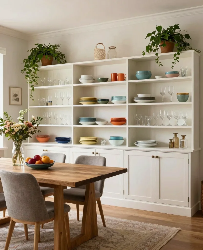 19 Clever Living Room Built-In Shelving Ideas That Maximize Your Space (You’ll Love #7!) 170 19 Clever Living Room Built-In Shelving Ideas That Maximize Your Space (You’ll Love #7!) - 16. Use of Open Storage for Dining Essentials