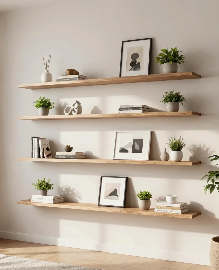 19 Clever Living Room Built-In Shelving Ideas That Maximize Your Space (You’ll Love #7!) 24 19 Clever Living Room Built-In Shelving Ideas That Maximize Your Space (You’ll Love #7!) - 3. Floating Shelves for Minimalist Appeal