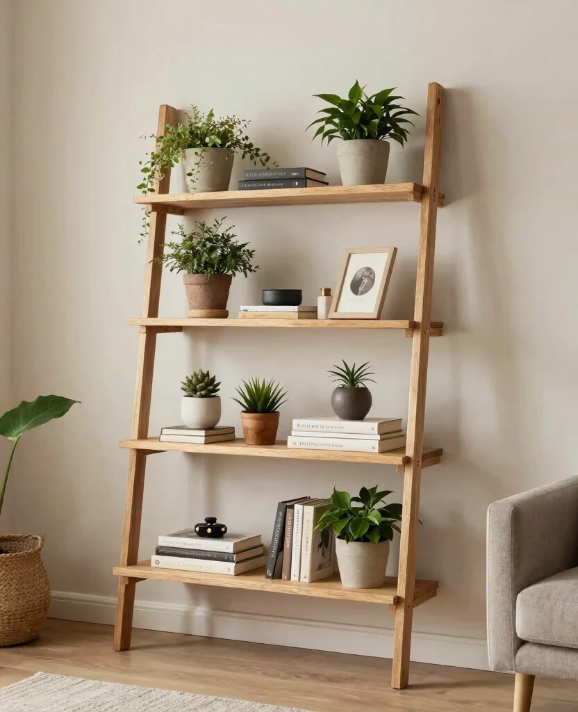 19 Clever Living Room Built-In Shelving Ideas That Maximize Your Space (You’ll Love #7!) 46 19 Clever Living Room Built-In Shelving Ideas That Maximize Your Space (You’ll Love #7!) - 5. Ladder Shelving for a Unique Look