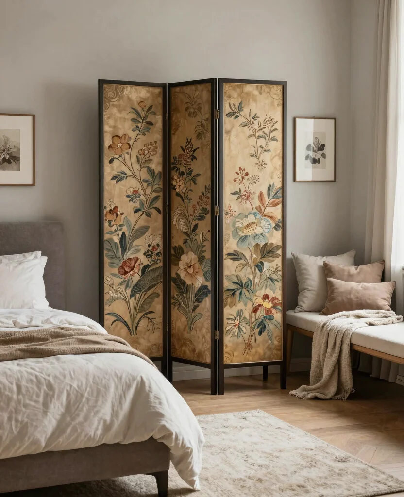 19 Creative Bedroom Divider Ideas That Will Transform Your Space Instantly! - 2. Vintage Folding Screen 1
