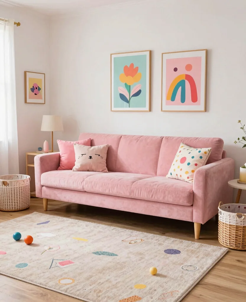 19 Fabulous Pink Couch Living Room Ideas That Will Make You Swoon! 136 19 Fabulous Pink Couch Living Room Ideas That Will Make You Swoon! - 13. Family-Friendly Fun