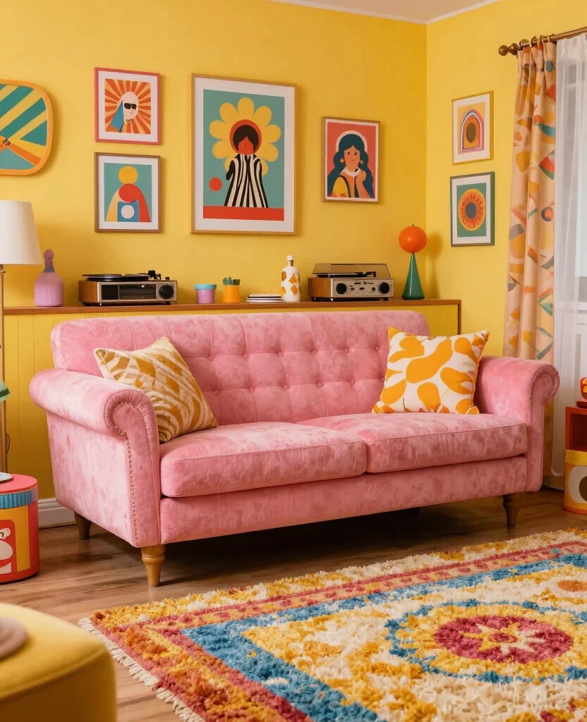 19 Fabulous Pink Couch Living Room Ideas That Will Make You Swoon! 35 19 Fabulous Pink Couch Living Room Ideas That Will Make You Swoon! - 4. Retro Vibes