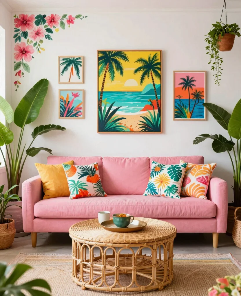 19 Fabulous Pink Couch Living Room Ideas That Will Make You Swoon! 92 19 Fabulous Pink Couch Living Room Ideas That Will Make You Swoon! - 9. Tropical Escape