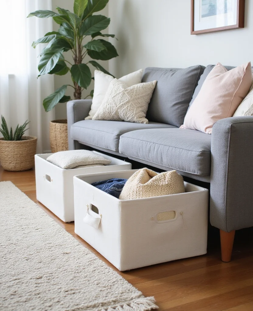 19 Living Room Storage Ideas That'll Declutter Your Space and Blow Your Mind! 24 19 Living Room Storage Ideas That'll Declutter Your Space and Blow Your Mind! - 3. Under-Couch Storage Bins