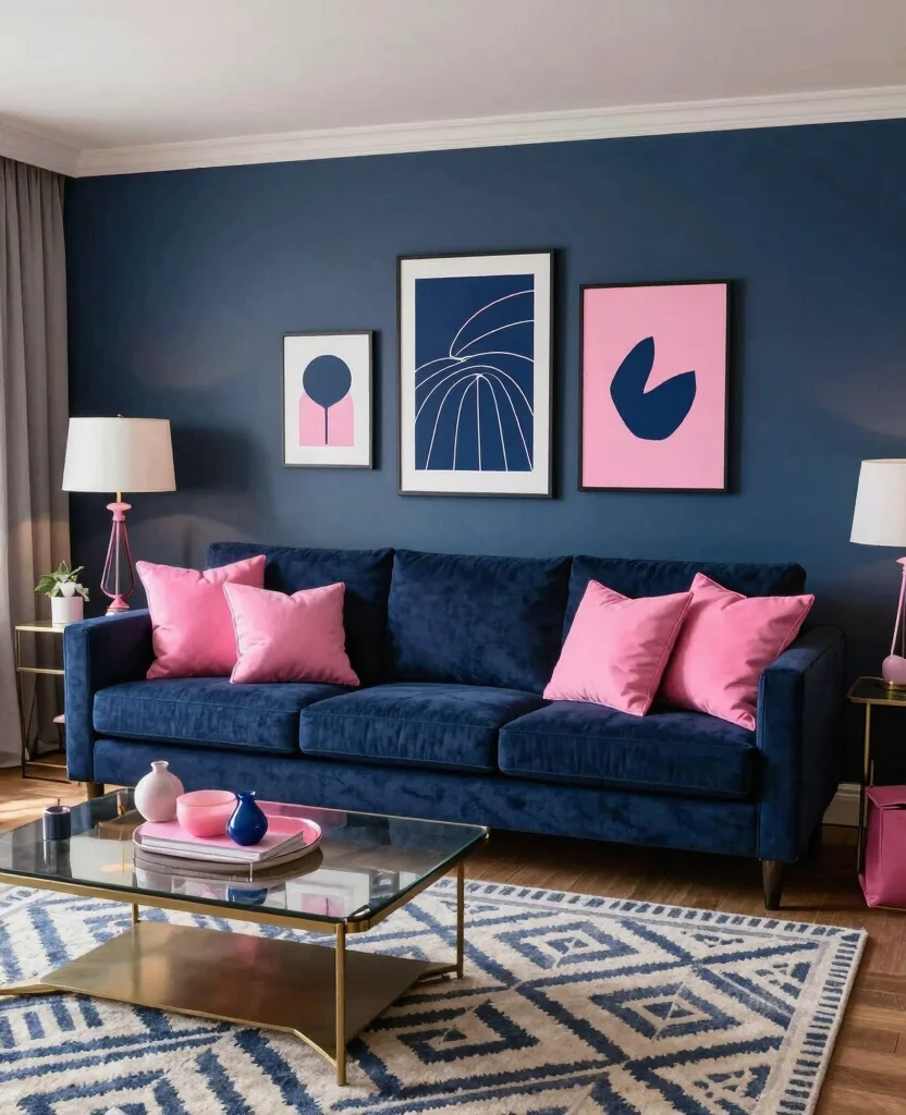 19 Pink Living Room Ideas That’ll Make You Want to Redecorate Immediately! - 11. Pink and Navy Elegance 1