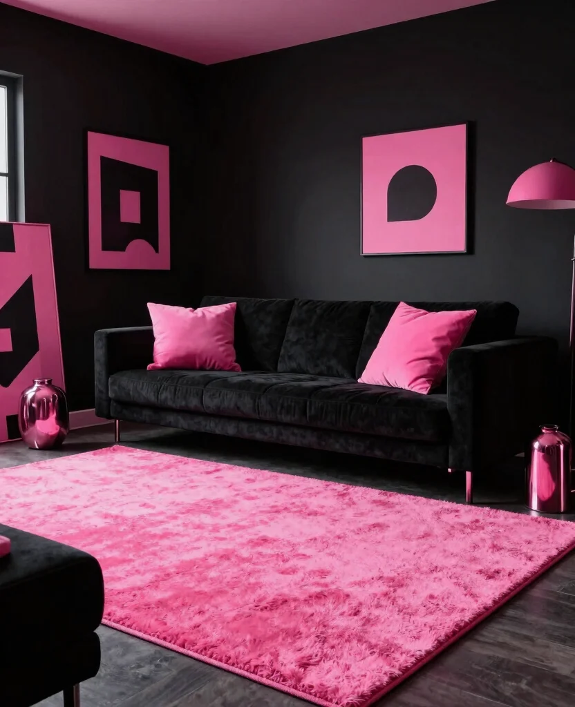 19 Pink Living Room Ideas That’ll Make You Want to Redecorate Immediately! - 12. Pink and Black Contrast 1