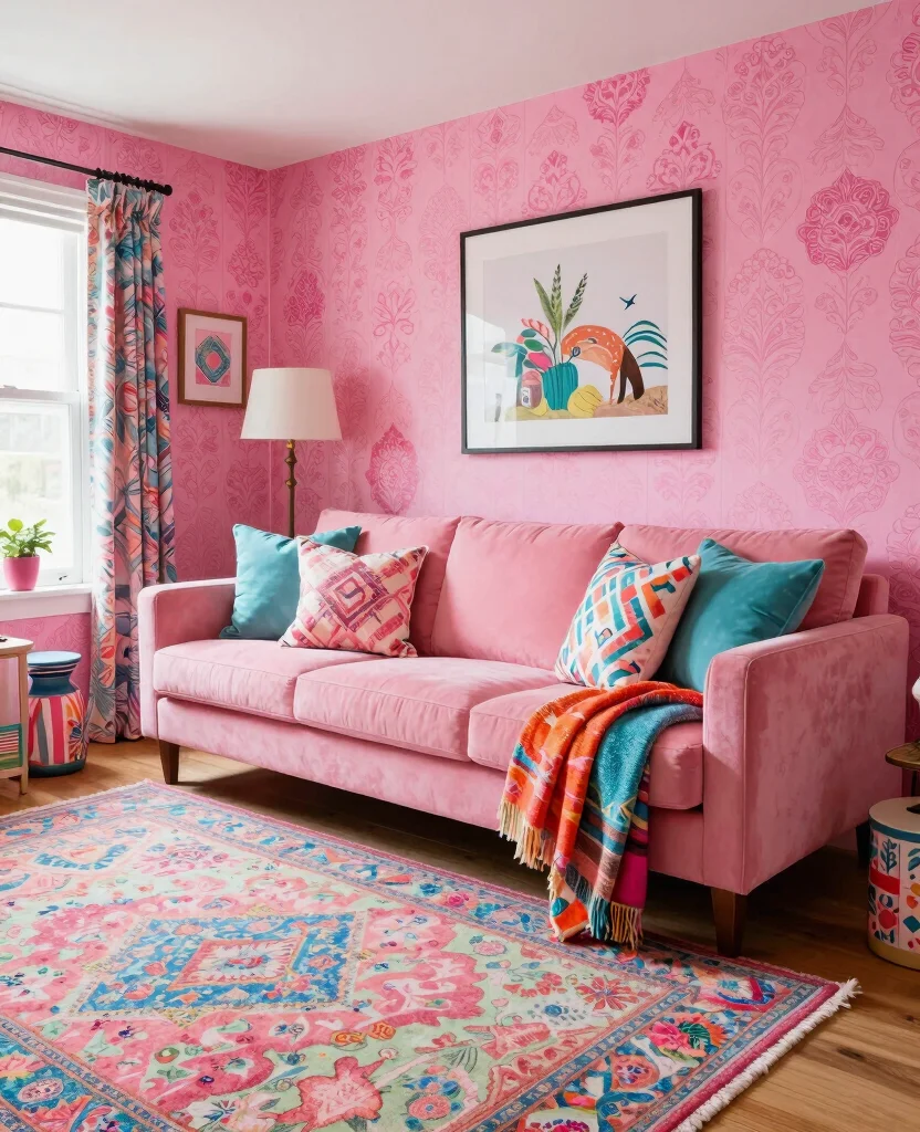 19 Pink Living Room Ideas That’ll Make You Want to Redecorate Immediately! - 17. Playful Pink Patterns 1