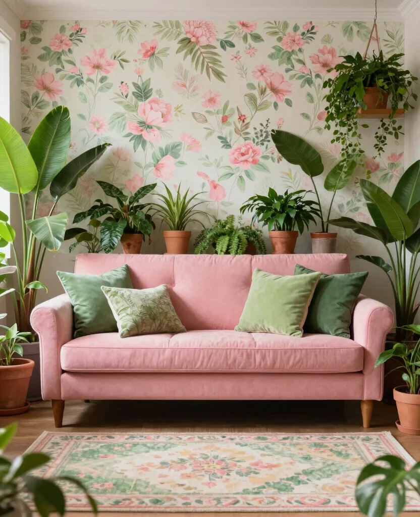 19 Pink Living Room Ideas That’ll Make You Want to Redecorate Immediately! - 7. Pink and Green Paradise 1