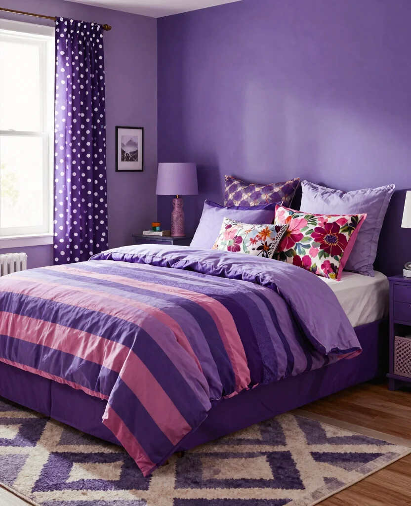 19 Purple Bedroom Ideas That'll Make You Dream in Color (You Won't Believe #7!) - 7. Mixed Patterns Extravaganza 1