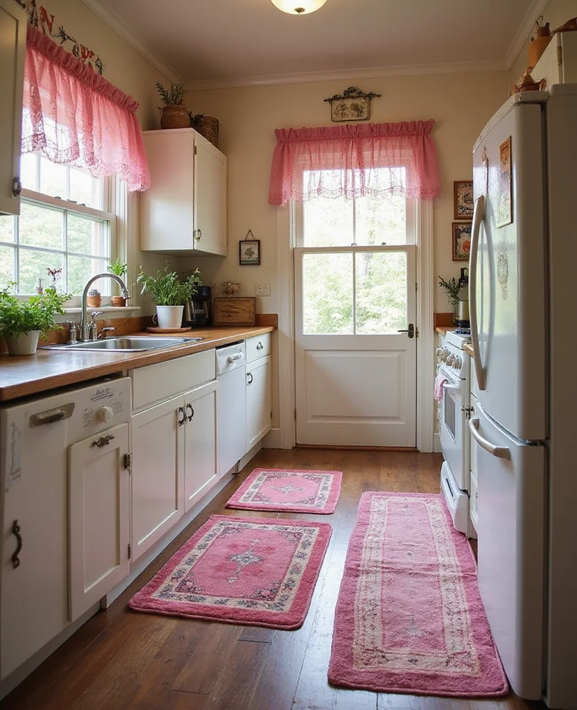 19 Retro Pink Kitchen Ideas That'll Make You Swoon Over Nostalgia! - 5. Charming Retro Rugs
