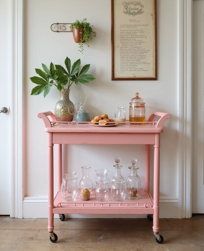 19 Retro Pink Kitchen Ideas That'll Make You Swoon Over Nostalgia! - 7. Funky Bar Carts