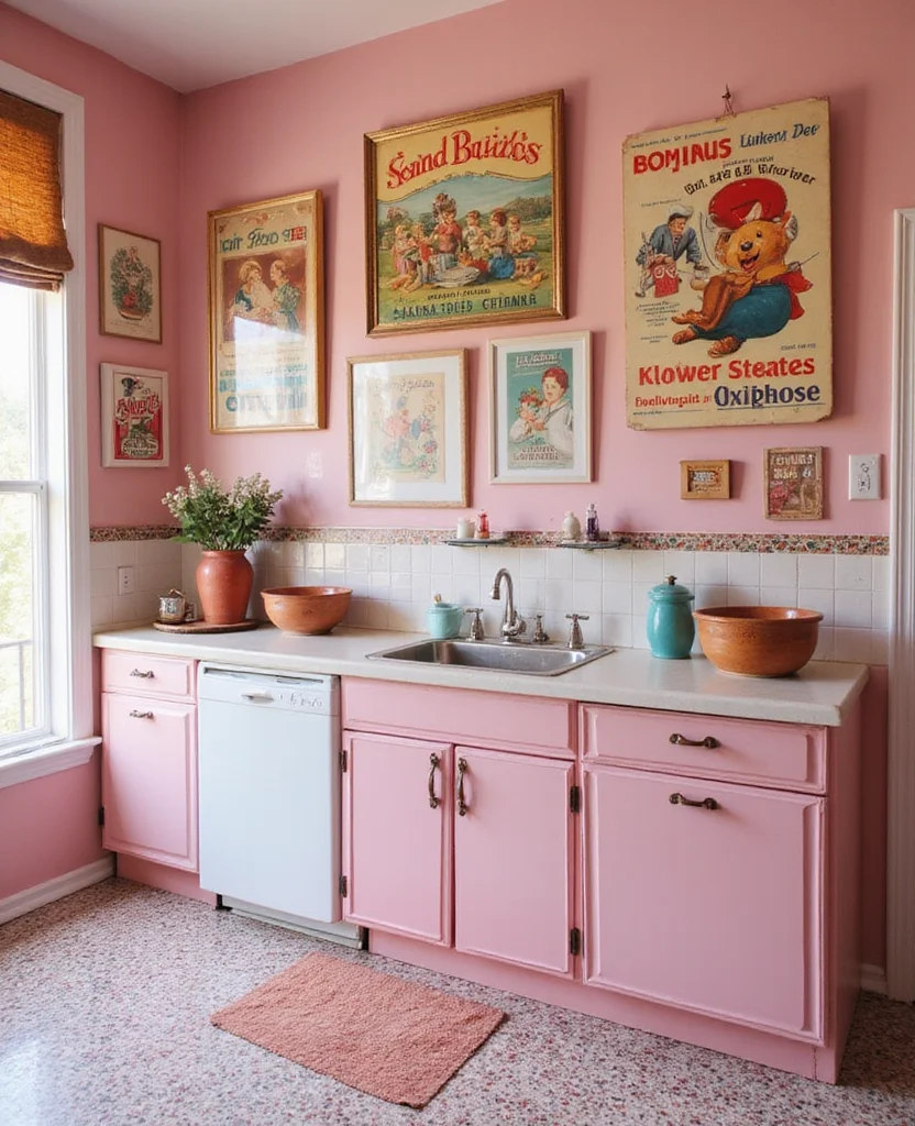 19 Retro Pink Kitchen Ideas That'll Make You Swoon Over Nostalgia! - 8. Whimsical Wall Art