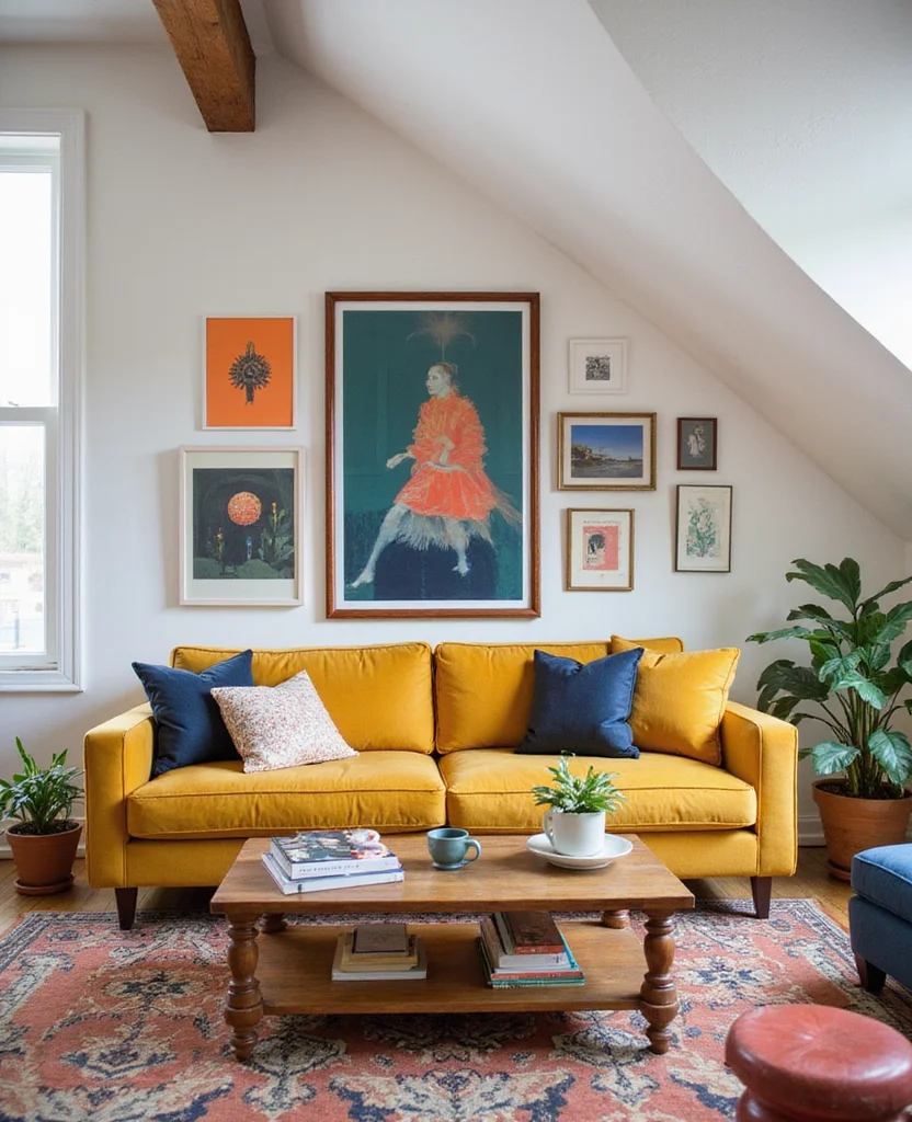 19 Sloped Ceiling Living Room Ideas That'll Make You Say 'Wow!' - 10. Incorporate Artistic Elements